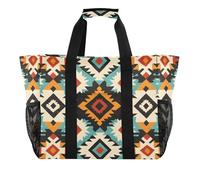 Quteprint Grand sac fourre-tout de voyage imperméable pour homme et femme, sac de plage en toile à motif ethnique aztèque coloré avec doublure et poches - Sac fourre-tout réutilisable pour épicerie
