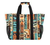 Quteprint Grand sac fourre-tout de voyage imperméable pour homme et femme, sac de plage en toile ethnique africaine aztèque géométrique avec doublure et poches - Sac fourre-tout réutilisable pour