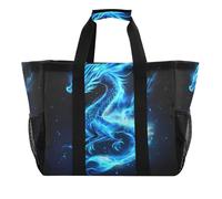 Quteprint Grand sac fourre-tout de voyage imperméable pour homme et femme, sac de plage en toile motif dragon de feu bleu avec doublure et poches - Sac d'épicerie/buanderie/cuisine/piscine/pique-nique