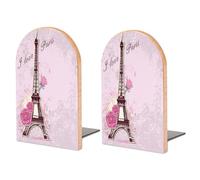 Quteprint Lot de 2 grands serre-livres en bois antidérapants pour étagères, tour Eiffel de Paris, fleurs de rose, support de livres pour bureau, films, 17 x 12 x 10 cm
