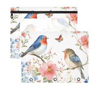 Quteprint Lot de 2 trousses à crayons pour classeur à 3 anneaux, aquarelle, fleurs printanières, oiseaux, papillon, classeur A4 avec fermeture éclair, fenêtre transparente, organiseur de classeur