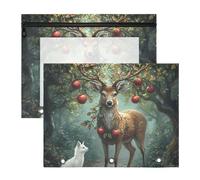 Quteprint Lot de 2 trousses à crayons pour classeur à 3 anneaux, forêt, cerf, renard, classeur A4 avec fermeture éclair, fenêtre transparente, organiseur de classeur durable de grande capacité pour