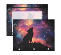 Quteprint Lot de 2 trousses à crayons pour classeur à 3 anneaux, galaxie, étoile colorée, loup, trousse de classement A4 avec fermeture éclair, fenêtre transparente, organiseur de classeur durable