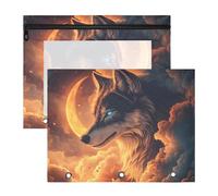 Quteprint Lot de 2 trousses à crayons pour classeur à 3 anneaux, galaxie, lune, loup, nuages, classeur A4 avec fermeture éclair, fenêtre transparente, organiseur de classeur durable de grande capacité