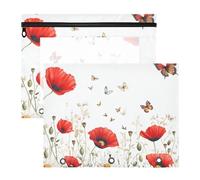 Quteprint Lot de 2 trousses à crayons pour classeur à 3 anneaux, motif coquelicot rouge, marguerite, papillon, fleurs, classeur A4 avec fermeture éclair et fenêtre transparente, organiseur durable de