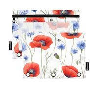 Quteprint Lot de 2 trousses à crayons pour classeur à 3 anneaux, motif coquelicots rouges et bleuets avec fenêtre transparente et œillets renforcés pour classeur, poches à crayons pour bureau, école