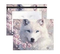 Quteprint Lot de 2 trousses à crayons pour classeur à 3 anneaux, motif loup blanc, cerisier, cerisier, classeur A4 avec fermeture éclair, fenêtre transparente, organiseur de classeur durable de grande