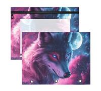 Quteprint Lot de 2 trousses à crayons pour classeur à 3 anneaux, motif loup, galaxie, étoile, lune, classeur A4 avec fermeture éclair, fenêtre transparente, organiseur durable de grande capacité pour