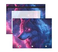 Quteprint Lot de 2 trousses à crayons pour classeur à 3 anneaux, motif loup galaxie, yeux lumineux, trousse de classement A4 avec fermeture éclair, fenêtre transparente, organiseur durable de grande