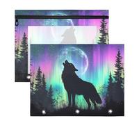 Quteprint Lot de 2 trousses à crayons pour classeur à 3 anneaux, motif loup hurlant et lune, trousse de classement A4 avec fermeture éclair et fenêtre transparente, organiseur durable de grande