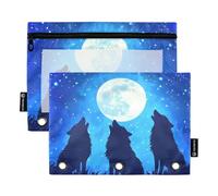 Quteprint Lot de 2 trousses à crayons pour classeur à 3 anneaux, motif loup hurlant, lune, étoile avec fenêtre transparente et œillets renforcés pour classeur, poches à crayons pour bureau, école