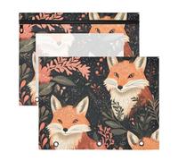 Quteprint Lot de 2 trousses à crayons pour classeur à 3 anneaux, motif renard, forêt, floral, feuilles, classeur A4 avec fermeture éclair, fenêtre transparente, organiseur durable de grande capacité