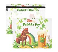 Quteprint Lot de 2 trousses à crayons pour classeur à 3 anneaux, motif trèfle de la Saint-Patrick, pièces de monnaie, cheval, trousse à crayons A4 avec fermeture éclair et fenêtre transparente