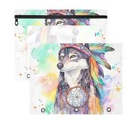 Quteprint Lot de 2 trousses à crayons pour classeur à 3 anneaux, style ethnique aquarelle loup indien, trousse à crayons A4 avec fermeture éclair et fenêtre transparente, organiseur de classeur