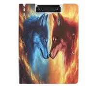 Quteprint Porte-bloc pliable Fire Two Wolves Wolf A4 avec double clips métalliques, fente pour stylo - Organiseur de documents résistant à l'eau pour bureau, école, travail