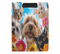 Quteprint Porte-bloc pliable Happy Dogs Cats Spring Flowers A4 avec double clips métalliques, fente pour stylo - Résistant à l'eau - Organiseur de documents pour bureau, école