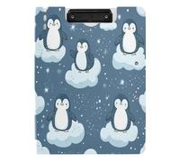 Quteprint Porte-bloc pliable, motif pingouins, étoiles, nuages, porte-bloc A4 avec double clips métalliques, fente pour stylo - Résistant à l'eau - Organiseur de documents pour bureau, école, travail