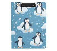 Quteprint Porte-bloc pliable, pingouins kawaii, étoiles, nuages, porte-documents A4 avec double clips métalliques, fente pour stylo - Résistant à l'eau pour le bureau, l'école, le travail