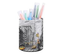 Quteprint Pot à crayons rond pour bureau, New York City Street Art - Pot à crayons de bureau - Organisateur de maquillage - Boîte de rangement pour la maison, le bureau, les enseignants - Cuir