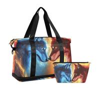 Quteprint Sac de sport imperméable - Fire Two Wolves Wolf Sac de sport grande capacité avec compartiment sec et rangement pour chaussures, yoga, natation, voyage pour l'entraînement, le fitness, les
