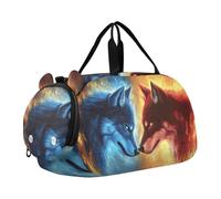 Quteprint Sac de sport pour enfants garçons et filles - Fire Two Wolves Wolf Sac de sport 100 % polyester avec compartiment séparé pour chaussures, bandoulière réglable, sac compact de voyage et