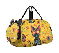 Quteprint Sac de sport pour enfants pour garçons et filles - Day of The Dead Skull Cat Sac de sport 100 % polyester avec compartiment séparé pour chaussures, bandoulière réglable, sac compact de