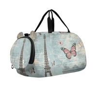 Quteprint Sac de sport pour enfants pour garçons et filles - Tour Eiffel Paris Cars Butterfly 100 % polyester avec compartiment séparé pour chaussures, bandoulière réglable, équipement de voyage et