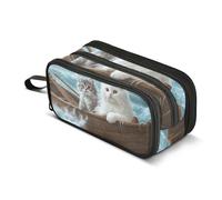Quteprint Trousse à crayons à fermeture éclair, deux chats sur un bateau océan, grande capacité, durable, avec 3 compartiments, organiseur de bureau, pour étudiants, adolescents, adultes, garçons et