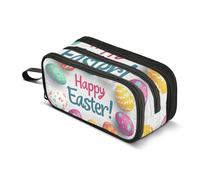 Quteprint Trousse à crayons à fermeture éclair en bois durable avec 3 compartiments, motif œufs de Pâques Happy Easter Eggs pour étudiants, adolescents, adultes, garçons et filles