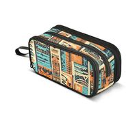 Quteprint Trousse à crayons à fermeture éclair, géométrique, africaine, aztèque, ethnique, grande capacité, durable, avec 3 compartiments, pour l'école, l'université, le bureau, pour étudiants