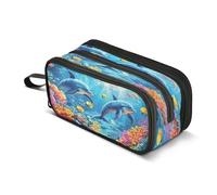 Quteprint Trousse à crayons à fermeture éclair, motif animaux marins, dauphins, grande capacité, durable, avec 3 compartiments, pour l'école, l'université, le bureau, pour étudiants, adolescents