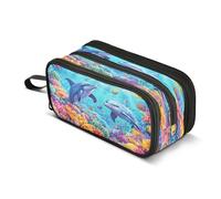Quteprint Trousse à crayons à fermeture éclair, motif poissons marins, dauphin, grande capacité, durable, avec 3 compartiments, pour l'école, l'université, le bureau, pour étudiants, adolescents