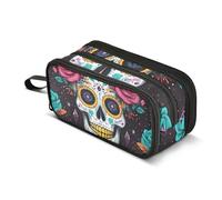 Quteprint Trousse à crayons à fermeture éclair, motif tête de mort en sucre rose, grande capacité, durable, avec 3 compartiments, organiseur de bureau, pour étudiants, adolescents, adultes, garçons et