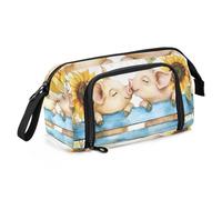 Quteprint Trousse à crayons de grande capacité avec fermeture éclair - Motif cochons mignons embrassant des tournesols - Pour adolescents, filles, garçons, adultes, étudiants