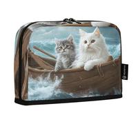 Quteprint Trousse à crayons debout - Deux chats sur un bateau océan, trousse à crayons, trousse de papeterie, trousse de maquillage portable, organisateur de bureau pour l'école, le bureau, les