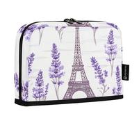 Quteprint Trousse à crayons sur pied - Trousse à crayons à motif Tour de Paris avec fleurs de lavande - Trousse de maquillage portable pour l'école, le bureau, les étudiants, les adolescents, les