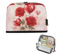 Quteprint Trousse à crayons sur pied - Trousse à crayons de Saint-Valentin en forme de cœur avec roses rouges, trousse de papeterie, trousse de maquillage portable, organisateur de bureau pour l'école