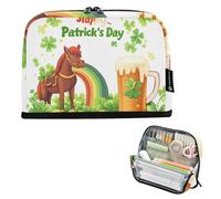 Quteprint Trousse à crayons sur pied - Trousse à crayons St. Patrick, motif trèfle, pièces de monnaie, cheval, trousse de papeterie, trousse de maquillage portable, organisateur de bureau pour l'école