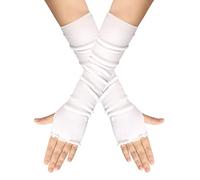 QUUPY 1 paire de mitaines classiques noires tendance style feuille de lotus extensibles longueur coude trou de pouce manchettes hiver automne manches pour femmes filles, blanc, 41cm