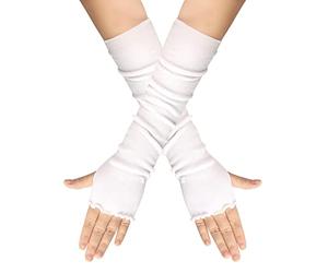 QUUPY 1 paire de mitaines classiques noires tendance style feuille de lotus extensibles longueur coude trou de pouce manchettes hiver automne manches pour femmes filles, blanc, 41cm