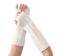 QUUPY 1 paire de mitaines tricotées chaudes pour femme avec trou de pouce - Mitaines au crochet - Demi-coude - Manchettes extensibles - Blanc - 30 cm