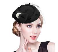 QUUPY Chapeau bibi vintage pour femme avec nœud papillon et clip latéral Noir