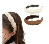QUUPY Lot de 2 bandeaux tressés élastiques pour cheveux croisés en tissu - Style vintage - Couleurs unies - Accessoires pour femmes et filles (beige + marron)