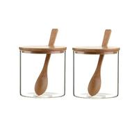 QUUPY Lot de 2 bocaux en verre transparent de 300 ml/10 fl oz avec cuillères et couvercles, récipients à épices et assaisonnements pour la cuisine, la cafétéria et le comptoir, ensemble de pots pour