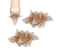 QUUPY Lot de 2 pinces à chaussures en forme de fleur dorée avec strass amovibles en métal pour femme, mariage, fête de mariage, vie quotidienne, talons