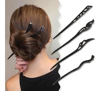 QUUPY Lot de 4 baguettes à cheveux vintage en bois, noir, 17,8 cm, en forme de griffe, style rétro, accessoire pour chignon pour femme