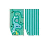 Quut - Serviette de Plage/Piscine Enfant avec Jeu - en Microfibre Séchage Ultra Rapide, sans Sable - Compacte, Légère (Safari, L - 180 x 100cm)