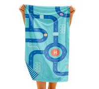 Quut - Serviette de Plage/Piscine Enfant avec Jeu - en Microfibre Séchage Ultra Rapide, sans Sable - Compacte, Légère (Circuit, M - 140 x 70cm)