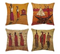 Quuzee Lot DE 4 Housse De Coussin, 65x65cm Femmes Africaines Taie d'oreiller Velvet/Lin Housse Coussin Décoratif Carré Taies d'oreiller Décoratives pour Canapé Maison Salon Taies d Oreiller （26x26in）