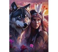 Quxaoqiao DIY 5D Adultes et débutants Diamant Peinture Complète Foret Kit Fille Indienne Loup Motif Broderie Diamant Art Kits Diamond Painting Idéal Pour Décoration Murale Foret Carré 45x60cm AC2143